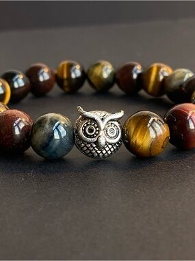 Sterling Owl Bead Multi-Color Tiger Eye Stretch Bracelet